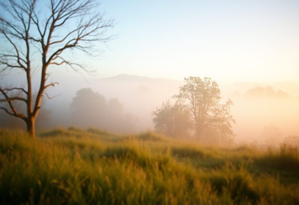 looking out over a misty meadow during a winter sunrise