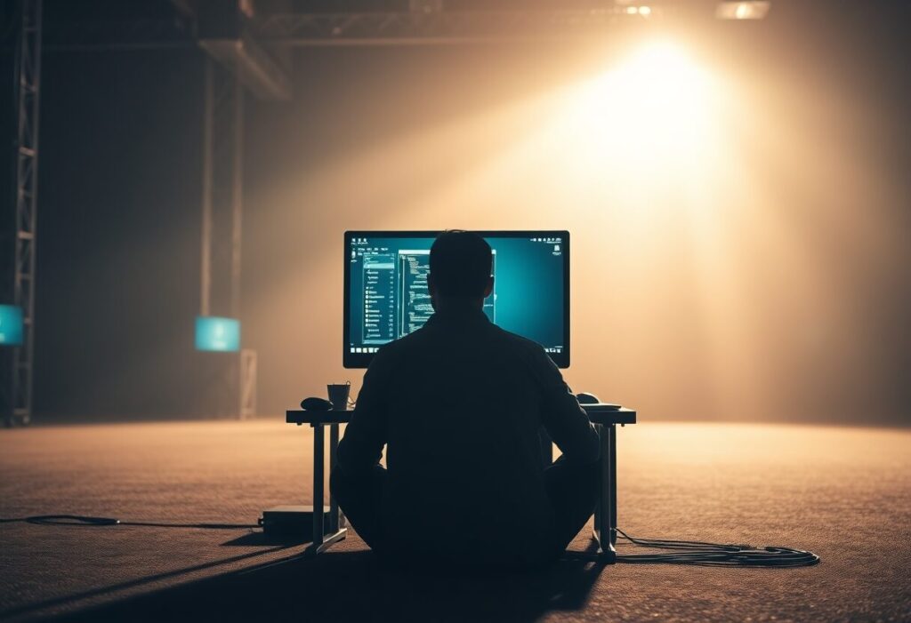 a zen engineer sitting cross-legged at a computer