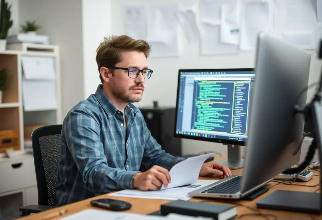 Software Engineer holding a piece of paper reviewing candidates for a job